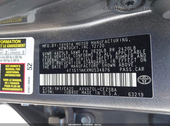 4T1G11AKXMU534876 2021 TOYOTA CAMRY Gray Widok komory silnika