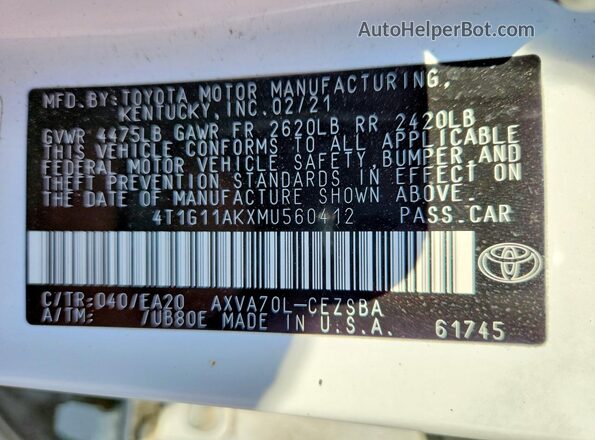 4T1G11AKXMU560412 2021 TOYOTA CAMRY Белый Вид подкапотного пространства