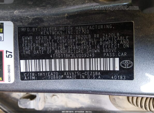 4T1G11BK3LU009249 2020 TOYOTA CAMRY Gray Widok komory silnika