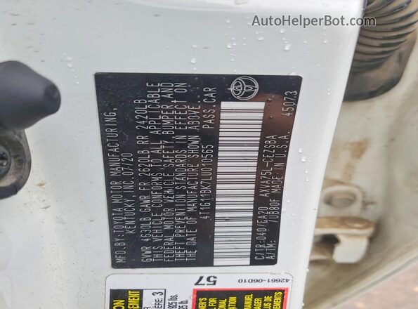4T1G11BK7LU010565 2020 TOYOTA CAMRY White Вид підкапотного простору