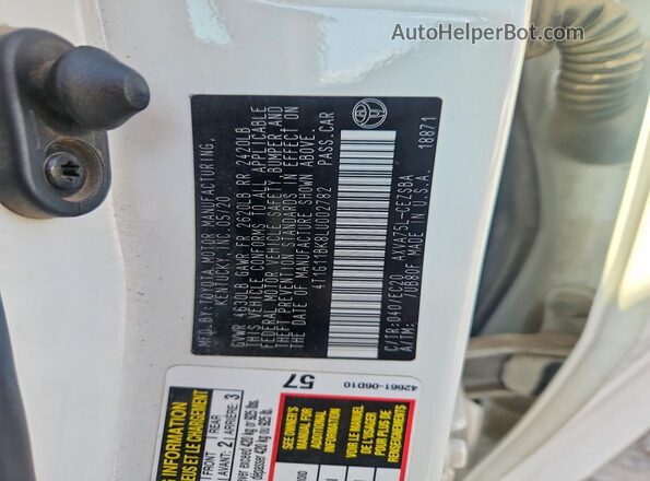 4T1G11BK8LU002782 2020 TOYOTA CAMRY White Widok komory silnika