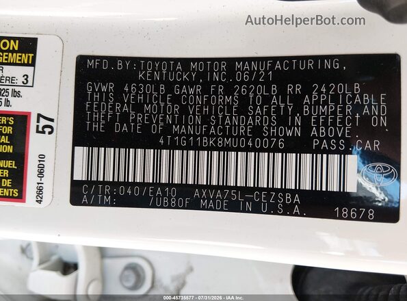4T1G11BK8MU040076 2021 TOYOTA CAMRY White Вид підкапотного простору