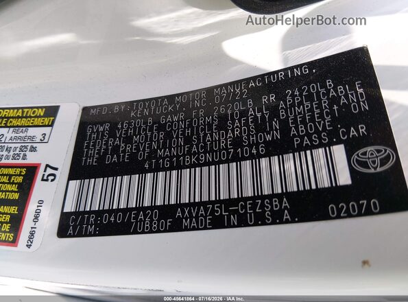 4T1G11BK9NU071046 2022 TOYOTA CAMRY White Engine compartment view