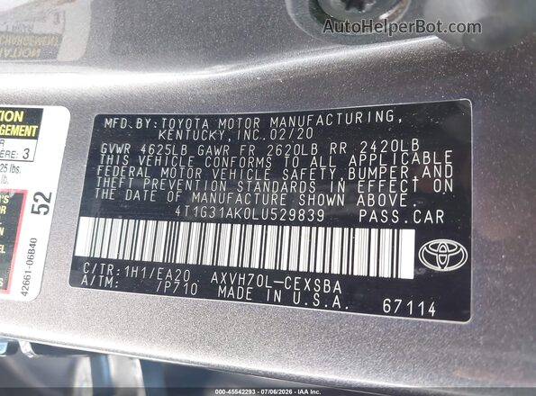 4T1G31AK0LU529839 2020 TOYOTA CAMRY Серый Вид подкапотного пространства