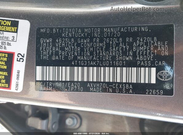 4T1G31AK7LU011601 2020 TOYOTA CAMRY Серый Вид подкапотного пространства