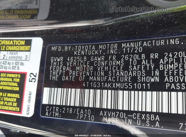 4T1G31AKXMU551011 2021 TOYOTA CAMRY Black Շարժիչի բաժամունքի տեսք