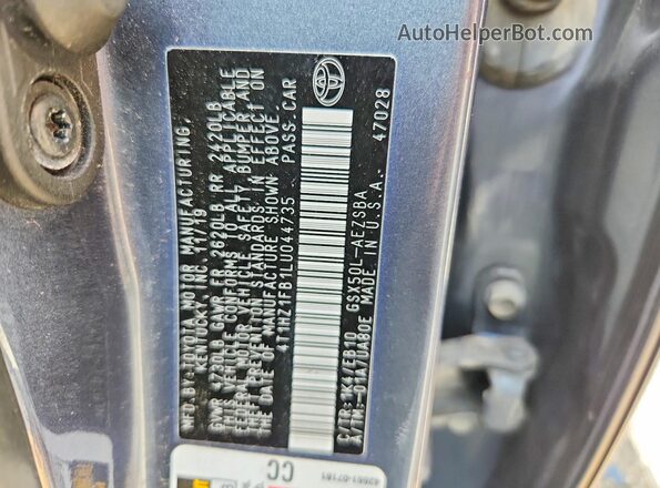 4T1HZ1FB1LU044735 2020 TOYOTA AVALON Gray ძრავის განყოფილების ხედი