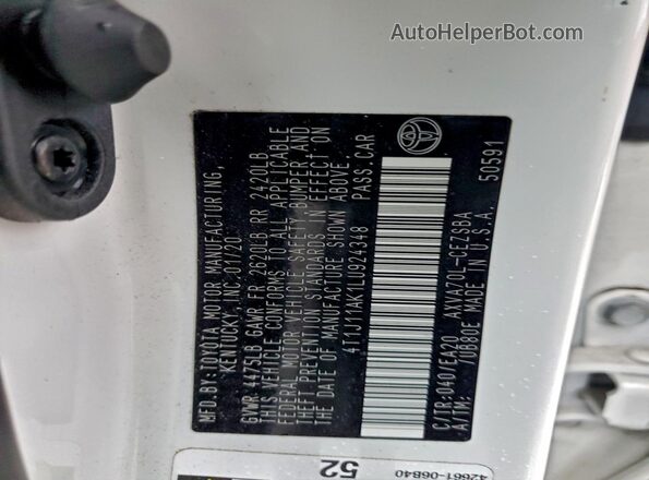 4T1J11AK1LU924348 2020 TOYOTA CAMRY White Engine compartment view