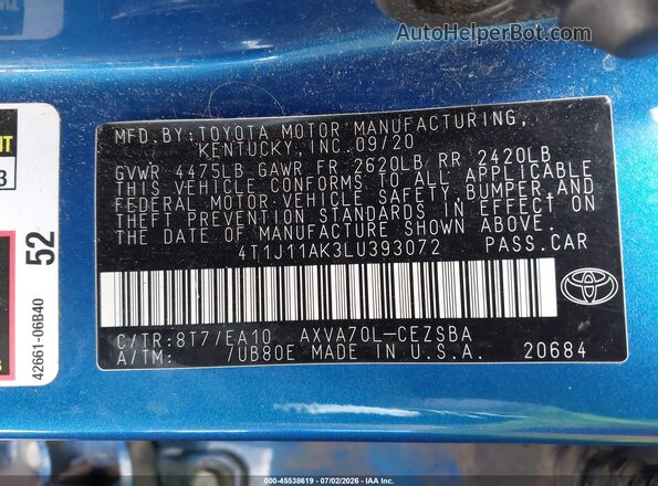 4T1J11AK3LU393072 2020 TOYOTA CAMRY Blue Շարժիչի բաժամունքի տեսք