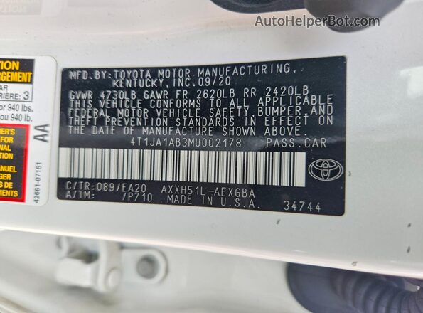4T1JA1AB3MU002178 2021 TOYOTA AVALON White VIN კოდის სტიკერის ხედი