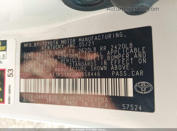 4T1K31AK0MU558446 2021 TOYOTA CAMRY White Vista del compartimento del motor