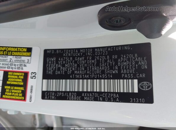 4T1K61AK1PU149514 2023 TOYOTA CAMRY White Вид підкапотного простору