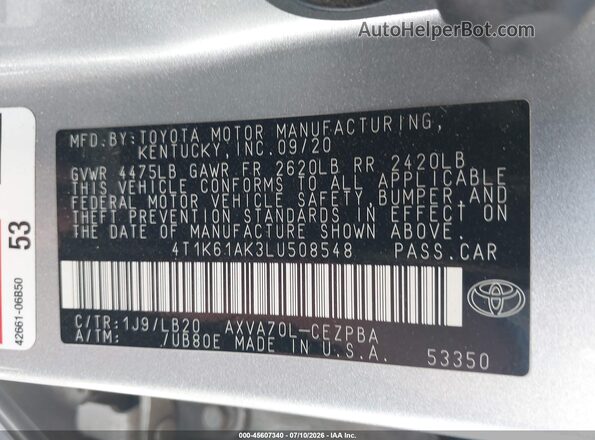 4T1K61AK3LU508548 2020 TOYOTA CAMRY Gray Widok komory silnika