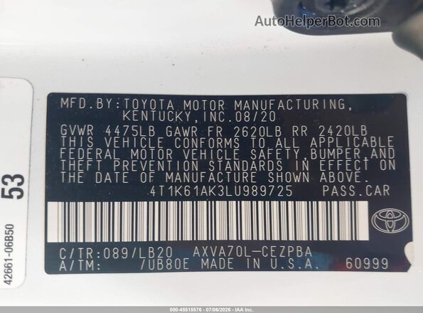 4T1K61AK3LU989725 2020 TOYOTA CAMRY White Widok komory silnika