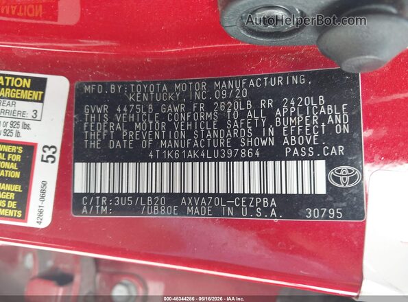 4T1K61AK4LU397864 2020 TOYOTA CAMRY Red Vista del compartimento del motor