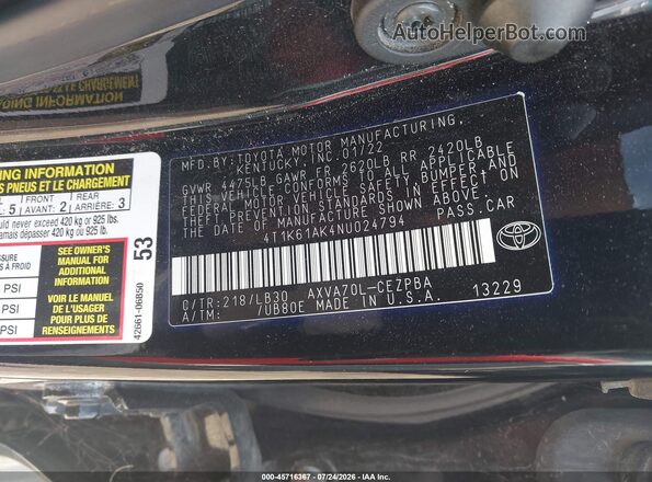 4T1K61AK4NU024794 2022 TOYOTA CAMRY Черный Вид подкапотного пространства