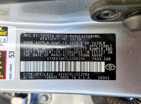 4T1K61AK7LU306294 2020 TOYOTA CAMRY Gray Vista de la etiqueta del VIN