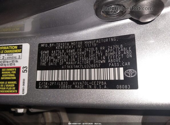 4T1K61AK7LU326657 2020 TOYOTA CAMRY Silver Вид підкапотного простору