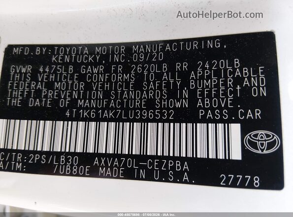 4T1K61AK7LU396532 2020 TOYOTA CAMRY White Widok komory silnika