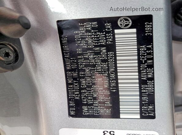 4T1K61AK7NU009299 2022 TOYOTA CAMRY Silver VIN կոդի պիտակի տեսք