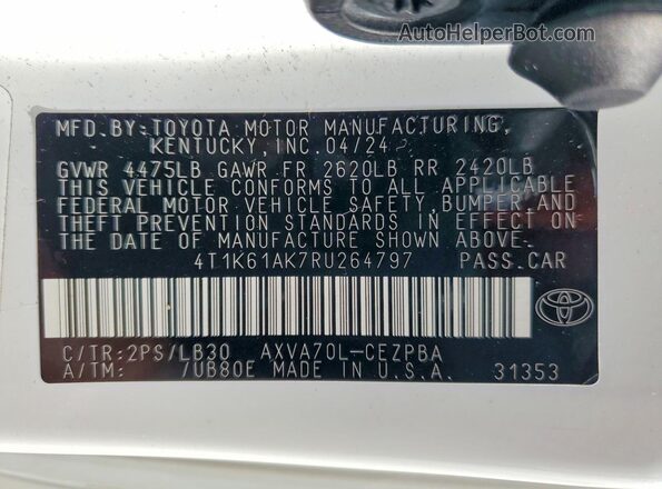 4T1K61AK7RU264797 2024 TOYOTA CAMRY White Vista del compartimento del motor