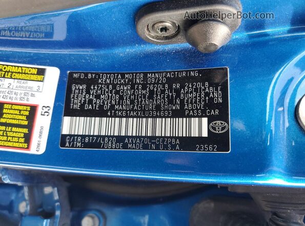 4T1K61AKXLU394693 2020 TOYOTA CAMRY Blue VIN sticker view