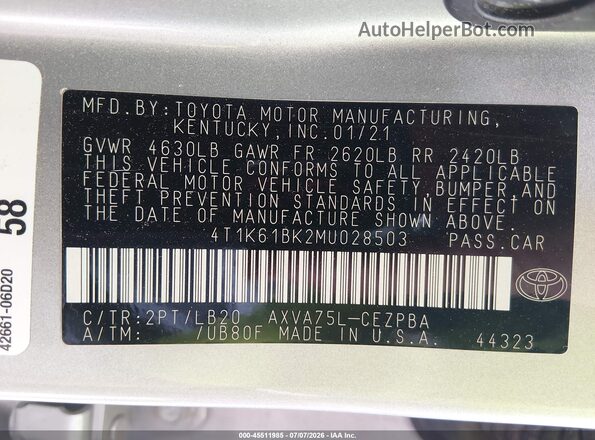 4T1K61BK2MU028503 2021 TOYOTA CAMRY Серебряный Вид подкапотного пространства