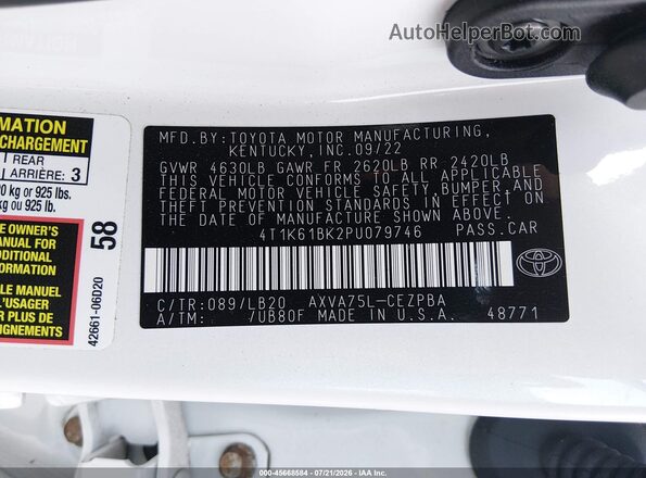 4T1K61BK2PU079746 2023 TOYOTA CAMRY White Vista del compartimento del motor