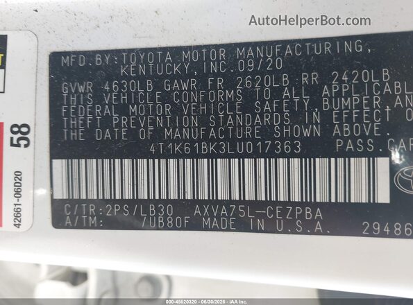 4T1K61BK3LU017363 2020 TOYOTA CAMRY White Engine compartment view