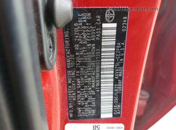 4T1K61BK8MU021393 2021 TOYOTA CAMRY Red Շարժիչի բաժամունքի տեսք