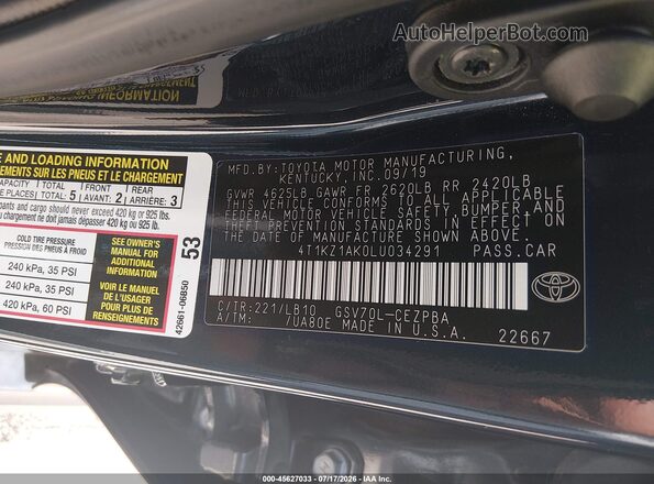 4T1KZ1AK0LU034291 2020 TOYOTA CAMRY Dark Blue Вид підкапотного простору