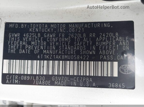 4T1KZ1AK8MU058422 2021 TOYOTA CAMRY Белый Вид подкапотного пространства