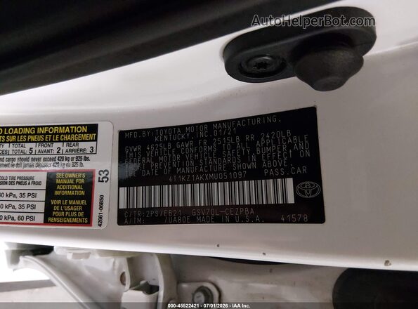 4T1KZ1AKXMU051097 2021 TOYOTA CAMRY White Շարժիչի բաժամունքի տեսք