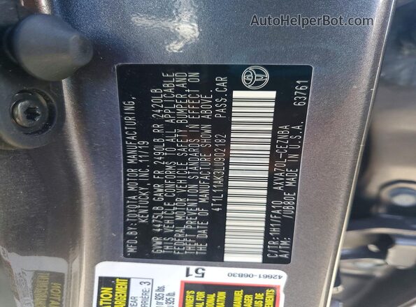 4T1L11AK3LU902182 2020 TOYOTA CAMRY Charcoal VIN sticker view