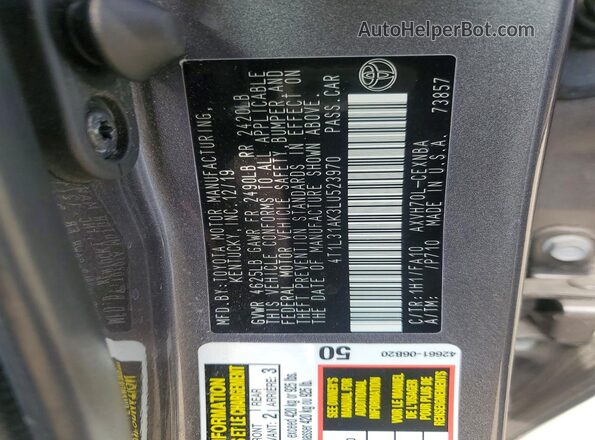 4T1L31AK3LU523970 2020 TOYOTA CAMRY Gray Widok komory silnika