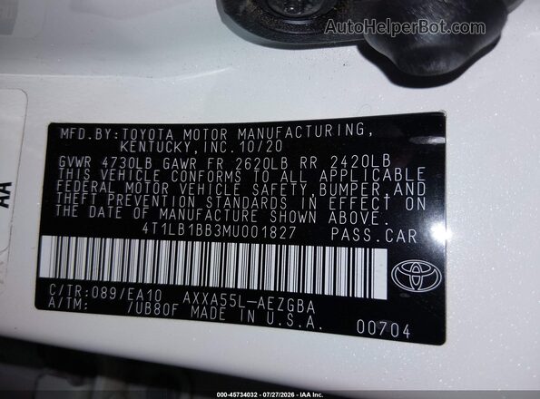 4T1LB1BB3MU001827 2021 TOYOTA AVALON White ძრავის განყოფილების ხედი