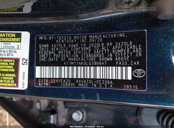 4T1M11AK0LU396847 2020 TOYOTA CAMRY Синий Вид подкапотного пространства