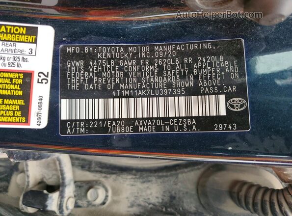 4T1M11AK7LU397395 2020 TOYOTA CAMRY Синий Вид наклейки с VIN-кодом