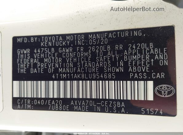 4T1M11AK8LU954685 2020 TOYOTA CAMRY White Widok komory silnika