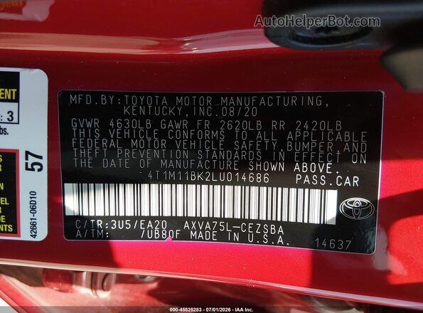 4T1M11BK2LU014686 2020 TOYOTA CAMRY Red ძრავის განყოფილების ხედი