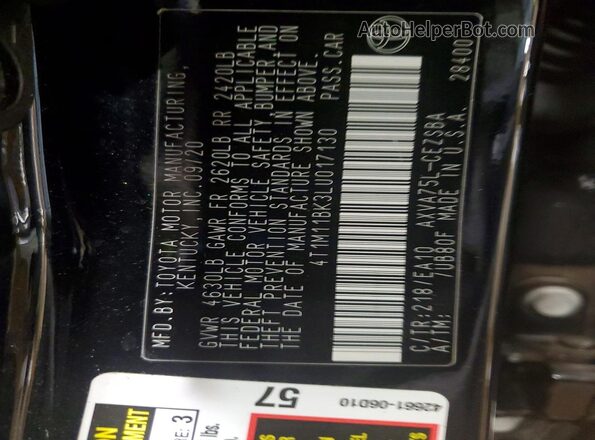 4T1M11BK3LU017130 2020 TOYOTA CAMRY Black VIN კოდის სტიკერის ხედი