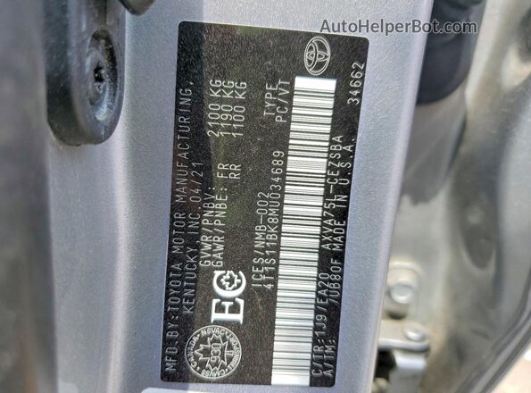 4T1S11BK8MU034689 2021 TOYOTA CAMRY Silver Vista de la etiqueta del VIN