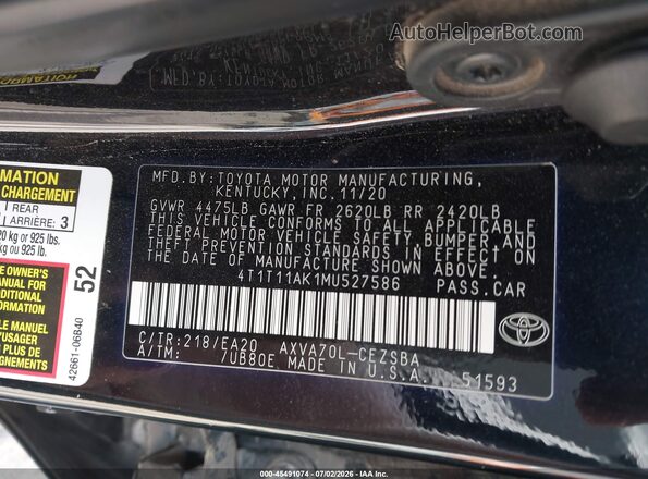4T1T11AK1MU527586 2021 TOYOTA CAMRY Black Widok komory silnika
