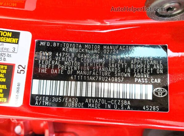 4T1T11AK7RU240857 2024 TOYOTA CAMRY Red VIN sticker view