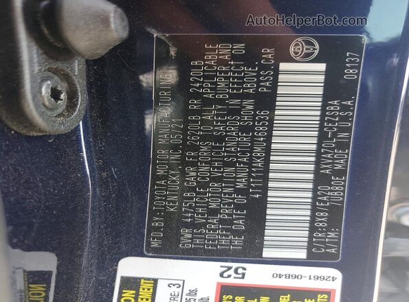 4T1T11AK8MU468536 2021 TOYOTA CAMRY Синий Вид подкапотного пространства