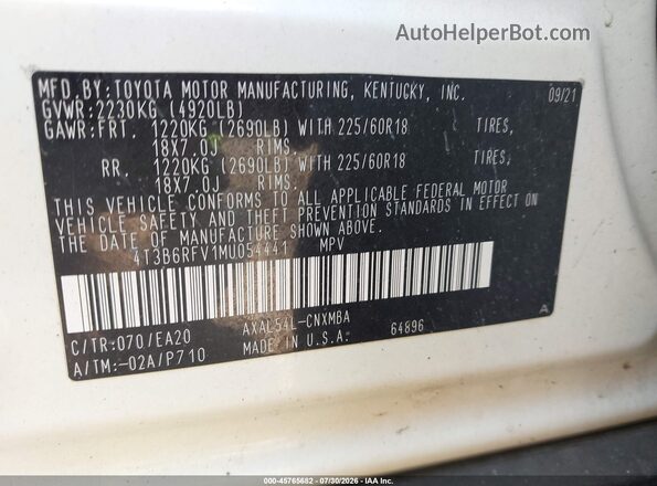 4T3B6RFV1MU054441 2021 TOYOTA RAV4 HYBRID White Engine compartment view