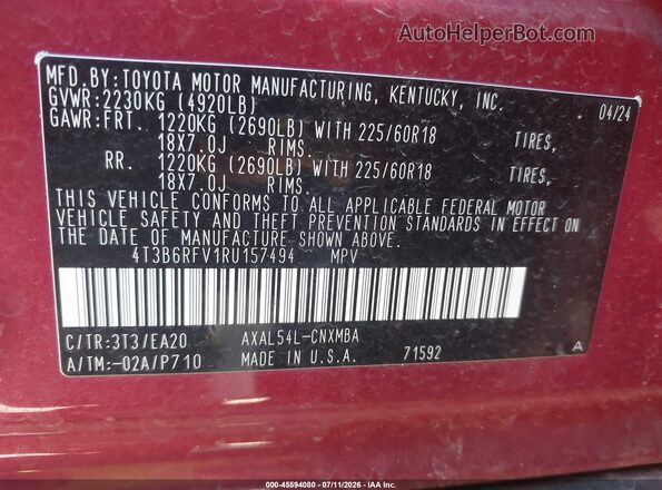 4T3B6RFV1RU157494 2024 TOYOTA RAV4 HYBRID Red Вид підкапотного простору