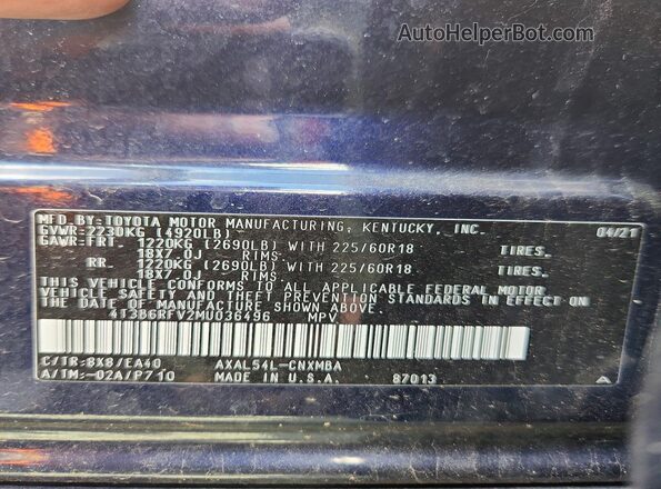 4T3B6RFV2MU036496 2021 TOYOTA RAV4 Black VIN կոդի պիտակի տեսք