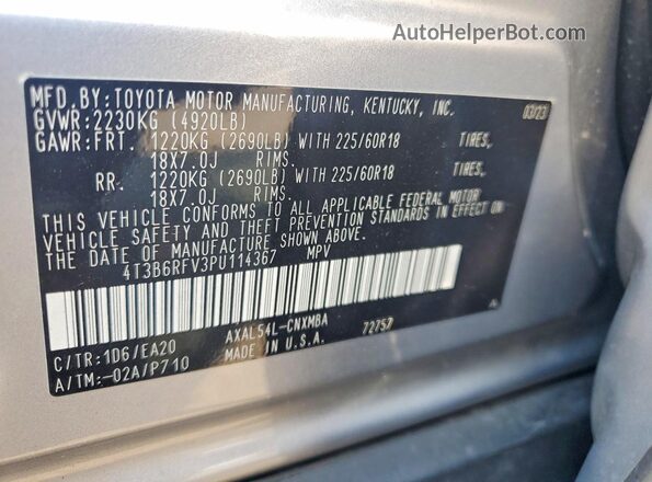4T3B6RFV3PU114367 2023 TOYOTA RAV4 Silver Vista de la etiqueta del VIN