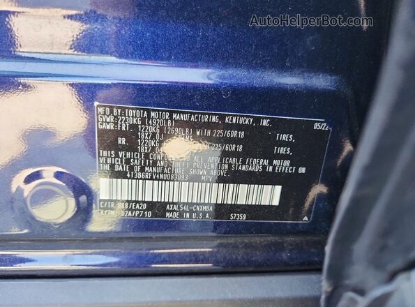 4T3B6RFV4NU083093 2022 TOYOTA RAV4 Blue Вид наклейки з VIN-кодом